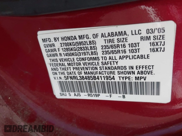 2005 Honda Odyssey EX with VIN 5FNRL38485B411954, listed as a IAAI auction lot 42039034 with 220,966 mi miles. Bid and sale history available at carsss.com. Image 9.