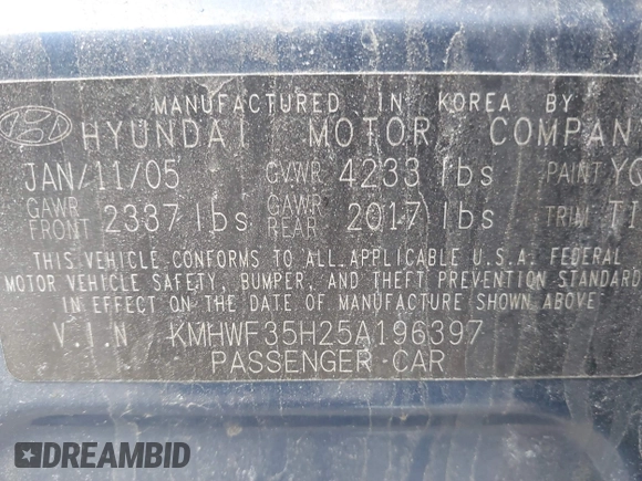 2005 Hyundai Sonata GLS with VIN KMHWF35H25A196397, listed as a IAAI auction lot 41734750 with 199,890 mi miles. Bid and sale history available at carsss.com. Image 9.