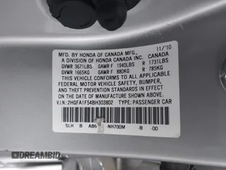 2011 Honda Civic LX with VIN 2HGFA1F54BH303802, listed as a IAAI auction lot 42195289 with 101,882 mi miles and . Bid and sale history available at DreamBid. Image 9.