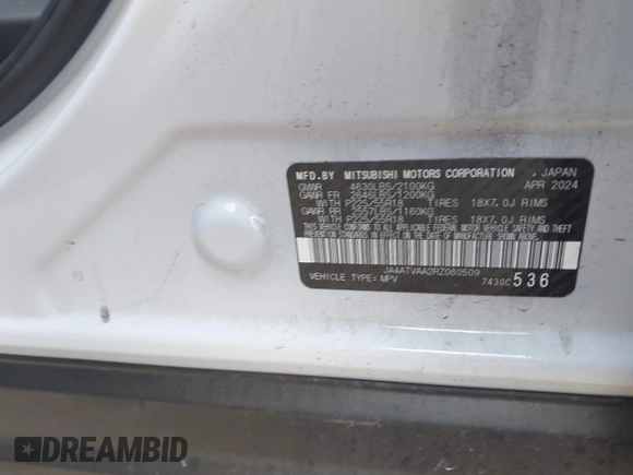 2024 Mitsubishi Eclipse Cross LE z VIN JA4ATVAA2RZ060509, wystawiony jako IAAI lot #42060191 z przebiegiem 13 421 mil mil oraz . Historia ofert i sprzedaży dostępna na DreamBid. Obrazek 9.