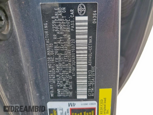 2011 Toyota Camry LE with VIN 4T1BF3EK6BU160720, listed as a Copart auction lot 59126725 with 225,678 mi miles and Salvage title. Bid and sale history available at DreamBid. Image 12.