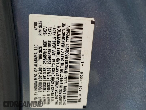 2008 Honda Odyssey EX-L z VIN 5FNRL38718B062201, wystawiony jako Copart lot #55942455 z przebiegiem 215 272 mil mil oraz Szkoda całkowita • Salvage title. Historia ofert i sprzedaży dostępna na DreamBid. Obrazek 13.