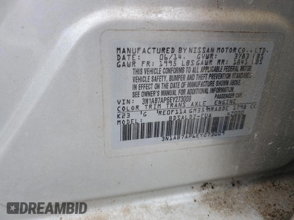 2014 Nissan Sentra SV with VIN 3N1AB7AP6EY273009, listed as a Copart auction lot 59898435 with 35,460 mi miles and Salvage title. Bid and sale history available at DreamBid. Image 13.