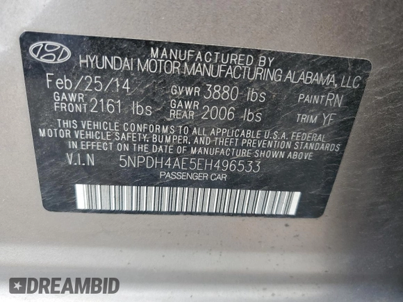 2014 Hyundai Elantra SE с VIN 5NPDH4AE5EH496533, выставлен на аукционе Copart как лот 57078585 с пробегом 152 174 миль миль и Списание • Salvage title. История ставок и продаж доступна на DreamBid. Изображение 12.