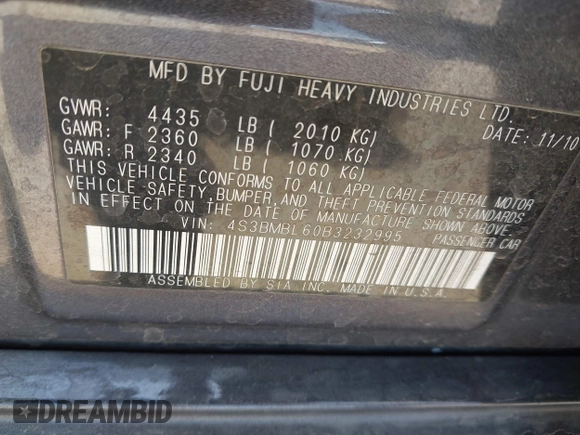 2011 Subaru Legacy Limited Power Moon with VIN 4S3BMBL60B3232995, listed as a IAAI auction lot 42711276 with 113,340 mi miles and . Bid and sale history available at DreamBid. Image 9.