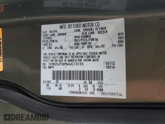 2004 Ford Explorer XLT with VIN 1FMZU73E94UC15155, listed as a Copart auction lot 58744285 with 221,396 mi miles and Salvage title. Bid and sale history available at DreamBid. Image 13.