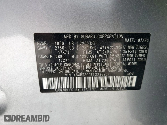 2020 Subaru Outback Premium with VIN 4S4BTACC6L3236954, listed as a Copart auction lot 57164495 with 32,734 mi miles and Salvage title. Bid and sale history available at DreamBid. Image 13.
