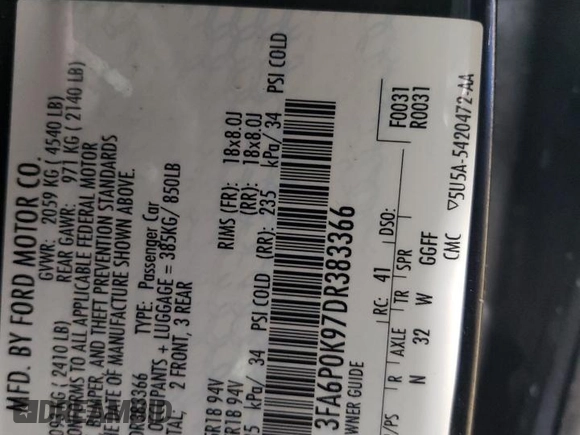 2013 Ford Fusion Titanium with VIN 3FA6P0K97DR383366, listed as a Copart auction lot 50388125 with 86,743 mi miles and Salvage Title. Bid and sale history available at carsss.com. Image 12.