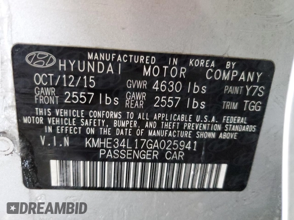 2016 Hyundai Sonata Hybrid Limited with VIN KMHE34L17GA025941, listed as a Copart auction lot 37367514 with 95,905 mi miles. Bid and sale history available at carsss.com. Image 12.