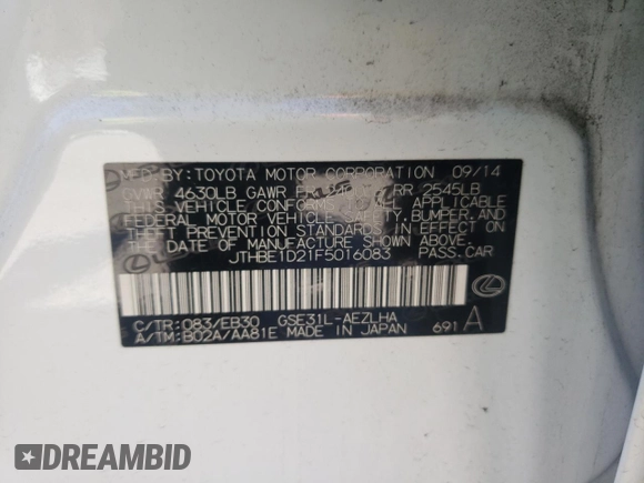 2015 Lexus IS 350 with VIN JTHBE1D21F5016083, listed as a Copart auction lot 49066975 with 70,512 mi miles and Salvage Title. Bid and sale history available at DreamBid. Image 12.