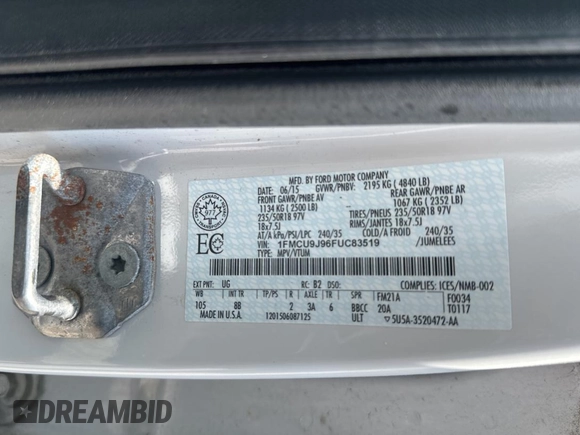 2015 Ford Escape Titanium with VIN 1FMCU9J96FUC83519, listed as a Copart auction lot 65181025 with 199,500 mi miles and Clean title. Bid and sale history available at DreamBid. Image 10.