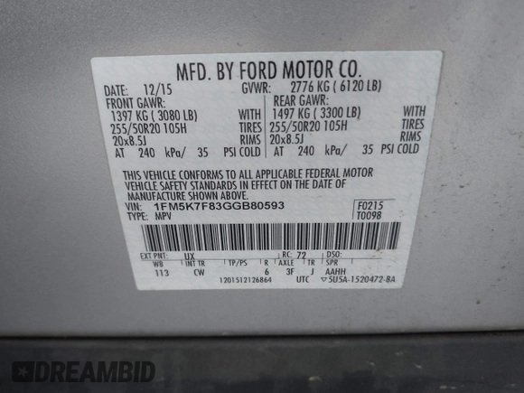 2016 Ford Explorer Limited with VIN 1FM5K7F83GGB80593, listed as a IAAI auction lot 42091819 with 255,917 mi miles and . Bid and sale history available at DreamBid. Image 9.