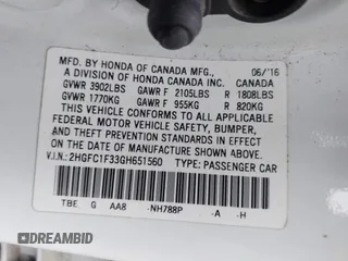 2016 Honda Civic Sedan EX-T with VIN 2HGFC1F33GH651560, listed as a IAAI auction lot 41957232 with 157,912 mi miles. Bid and sale history available at carsss.com. Image 9.