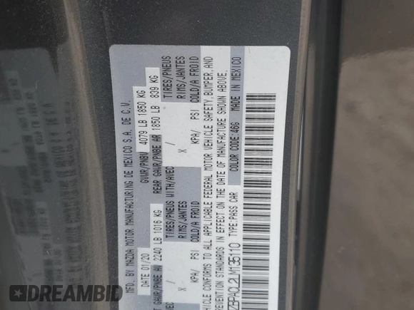 2020 Mazda 3 Select with VIN 3MZBPACL2LM135110, listed as a Copart auction lot 51568105 with 51,564 mi miles and Salvage Title. Bid and sale history available at carsss.com. Image 12.