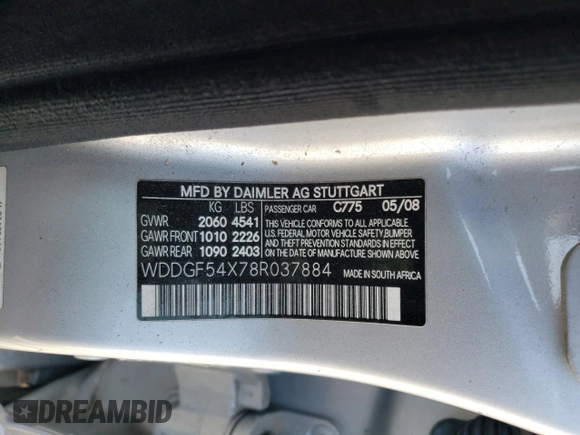 2008 Mercedes-Benz C 300 Sport with VIN WDDGF54X78R037884, listed as a Copart auction lot 52016025 with Not provided miles and Salvage title. Bid and sale history available at DreamBid. Image 12.