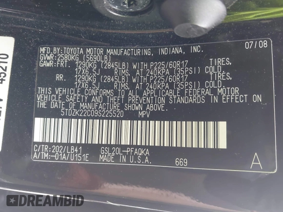 2009 Toyota Sienna XLE with VIN 5TDZK22C09S225520, listed as a IAAI auction lot 42126813 with 217,573 mi miles. Bid and sale history available at carsss.com. Image 9.