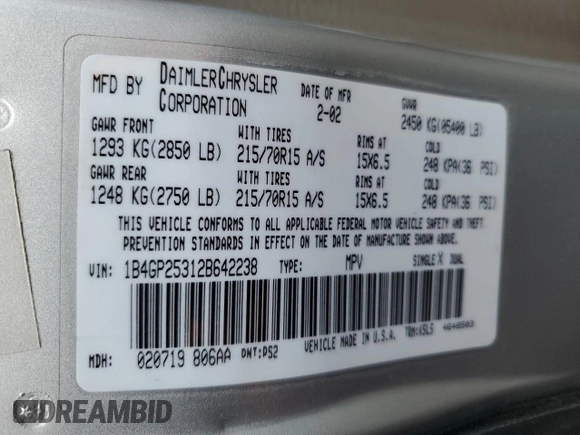 2002 Dodge Caravan SE with VIN 1B4GP25312B642238, listed as a Copart auction lot 52728865 with 83,341 mi miles and Clean Title. Bid and sale history available at carsss.com. Image 13.