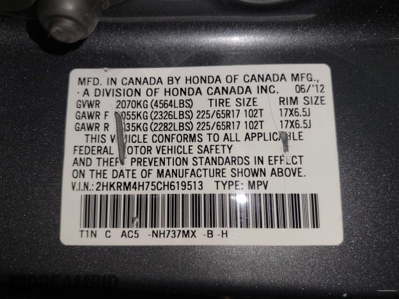 2012 Honda CR-V EX-L with VIN 2HKRM4H75CH619513, listed as a IAAI auction lot 42614822 with 116,903 mi miles and . Bid and sale history available at DreamBid. Image 9.