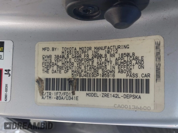 2013 Toyota Corolla L with VIN 5YFBU4EE9DP105916, listed as a IAAI auction lot 42064103 with 263,531 mi miles. Bid and sale history available at carsss.com. Image 9.