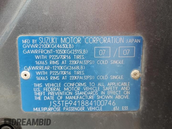 2008 Suzuki Grand Vitara with VIN JS3TE941884100746, listed as a Copart auction lot 46164185 with 154,221 mi miles and Salvage title. Bid and sale history available at DreamBid. Image 15.