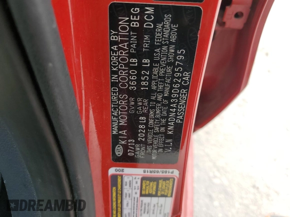 2013 Kia Rio EX with VIN KNADN4A39D6295795, listed as a Copart auction lot 56565145 with 108,074 mi miles and Clean title. Bid and sale history available at DreamBid. Image 12.