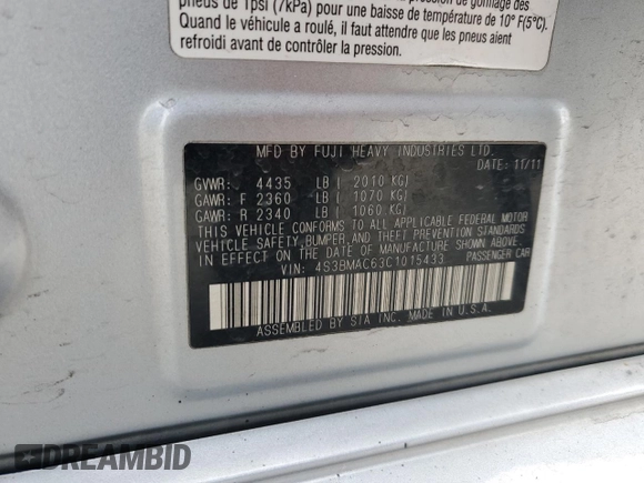 2012 Subaru Legacy Premium z VIN 4S3BMAC63C1015433, wystawiony jako Copart lot #50914025 z przebiegiem 135 944 mil mil oraz Szkoda całkowita • Salvage title. Historia ofert i sprzedaży dostępna na DreamBid. Obrazek 15.