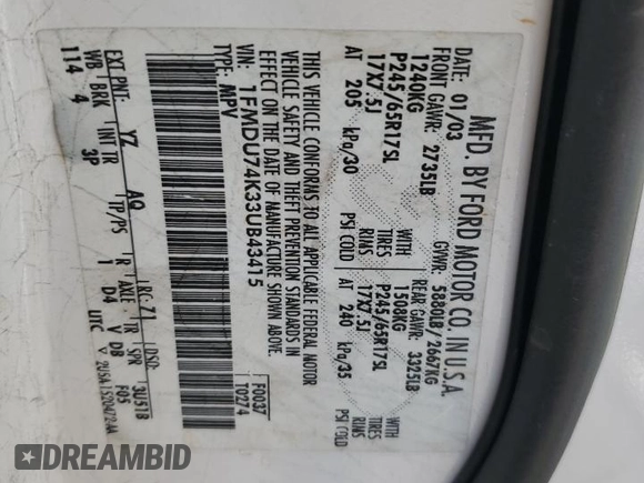 2003 Ford Explorer Eddie Bauer с VIN 1FMDU74K33UB43415, выставлен на аукционе Copart как лот 59747145 с пробегом Не указан миль и Списание • Salvage title. История ставок и продаж доступна на DreamBid. Изображение 13.