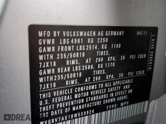 2011 Volkswagen Tiguan SE with VIN WVGBV7AX1BW559924, listed as a Copart auction lot 53914175 with 215,511 mi miles and Clean Title. Bid and sale history available at DreamBid. Image 13.