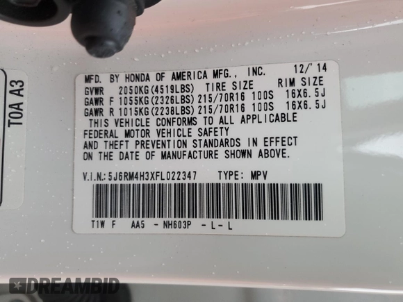 2015 Honda CR-V LX with VIN 5J6RM4H3XFL022347, listed as a Copart auction lot 84016714 with 49,150 mi miles and Salvage Title. Bid and sale history available at DreamBid. Image 13.
