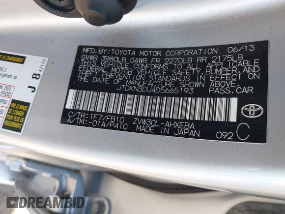 2013 Toyota Prius One with VIN JTDKN3DU4D5665193, listed as a IAAI auction lot 42137373 with 196,469 mi miles. Bid and sale history available at carsss.com. Image 9.