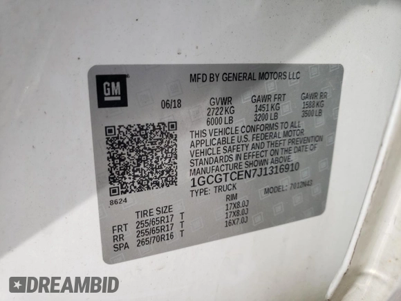 2018 Chevrolet Colorado 4WD LT with VIN 1GCGTCEN7J1316910, listed as a Copart auction lot 52812495 with 212,627 mi miles and Salvage title. Bid and sale history available at DreamBid. Image 12.