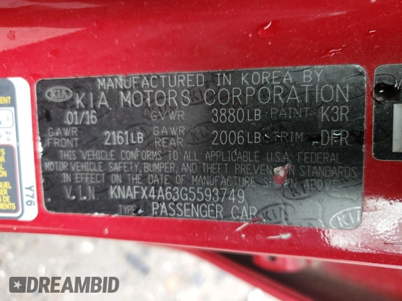 2016 Kia Forte LX with VIN KNAFX4A63G5593749, listed as a Copart auction lot 52703025 with 67,779 mi miles and Salvage Title. Bid and sale history available at carsss.com. Image 12.
