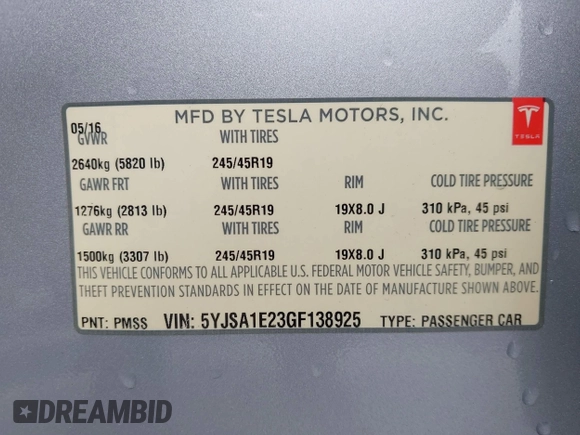 2016 Tesla Model S 90D with VIN 5YJSA1E23GF138925, listed as a IAAI auction lot 42408676 with 48,399 mi miles and . Bid and sale history available at DreamBid. Image 9.
