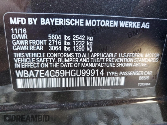 2017 BMW 7 Series 740i xDrive with VIN WBA7E4C59HGU99914, listed as a Copart auction lot 45283743 with 108,388 mi miles. Bid and sale history available at carsss.com. Image 12.