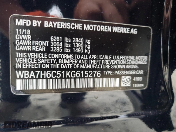 2019 BMW 7 Series M760i xDrive with VIN WBA7H6C51KG615276, listed as a Copart auction lot 79597234 with 39,195 mi miles and Salvage Title. Bid and sale history available at carsss.com. Image 12.