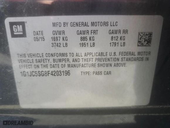 2015 Chevrolet Sonic LT with VIN 1G1JC5SG8F4203196, listed as a Copart auction lot 49222495 with 80,564 mi miles and Salvage Title. Bid and sale history available at carsss.com. Image 14.