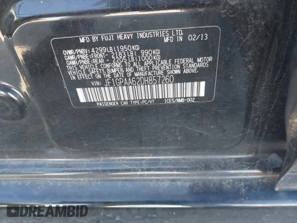 2013 Subaru Impreza 2.0i with VIN JF1GPAA62DH857260, listed as a IAAI auction lot 41849544 with 127,243 mi miles and . Bid and sale history available at DreamBid. Image 9.