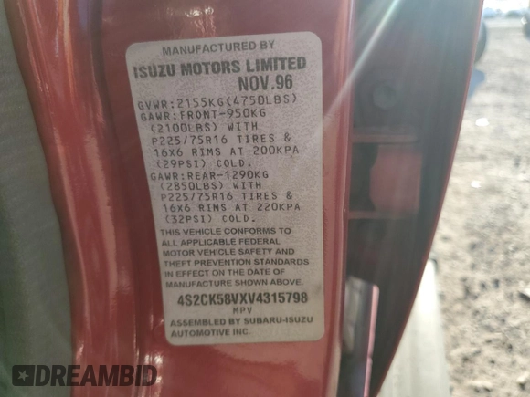 1997 Isuzu Rodeo z VIN 4S2CK58VXV4315798, wystawiony jako Copart lot #68860764 z przebiegiem 241 215 mil mil oraz Szkoda całkowita • Salvage title. Historia ofert i sprzedaży dostępna na DreamBid. Obrazek 13.