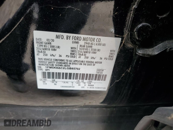 2020 Ford Explorer z VIN 1FM5K8AC2LGB85702, wystawiony jako Copart lot #47487515 z przebiegiem 54 282 mil mil oraz Szkoda całkowita • Salvage title. Historia ofert i sprzedaży dostępna na DreamBid. Obrazek 13.