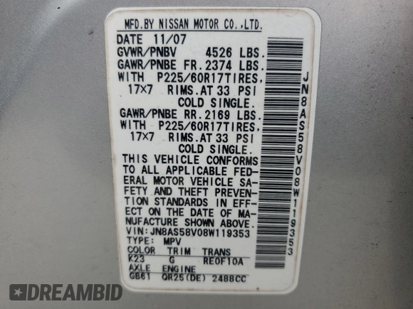 2008 Nissan Rogue SL with VIN JN8AS58V08W119353, listed as a Copart auction lot 51059095 with 222,771 mi miles and Salvage Title. Bid and sale history available at DreamBid. Image 13.