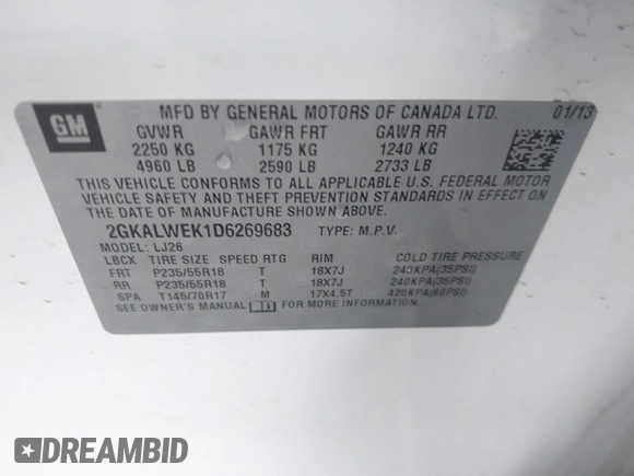 2013 GMC Terrain SLT with VIN 2GKALWEK1D6269683, listed as a IAAI auction lot 42355933 with 99,715 mi miles and . Bid and sale history available at DreamBid. Image 9.