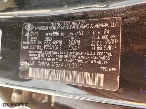 2010 Hyundai Santa Fe GLS with VIN 5NMSG3ABXAH403930, listed as a Copart auction lot 52606675 with 126,670 mi miles and Salvage Title. Bid and sale history available at carsss.com. Image 12.