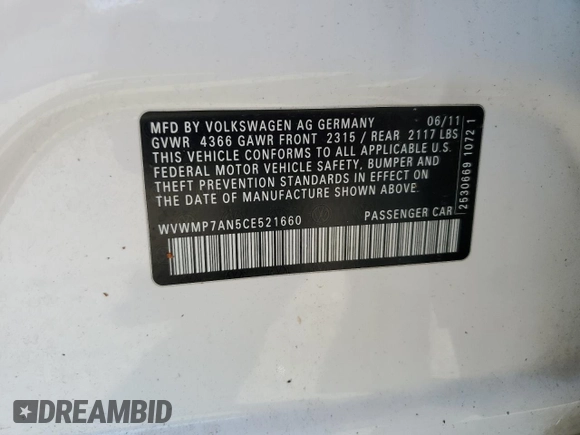 2012 Volkswagen CC Sport PZEV with VIN WVWMP7AN5CE521660, listed as a Copart auction lot 75190794 with 128,416 mi miles and Salvage Title. Bid and sale history available at carsss.com. Image 12.