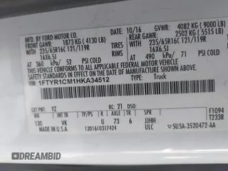 2017 Ford Transit с VIN 1FTYR1CM1HKA34512, выставлен на аукционе IAAI как лот 41621307 с пробегом 215 205 миль миль и . История ставок и продаж доступна на DreamBid. Изображение 9.