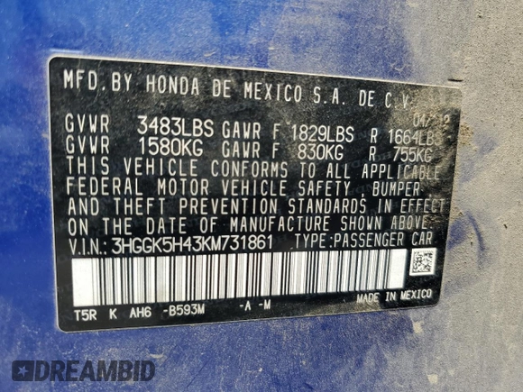 2019 Honda Fit LX with VIN 3HGGK5H43KM731861, listed as a Copart auction lot 61651055 with 138,702 mi miles and Salvage title. Bid and sale history available at DreamBid. Image 12.