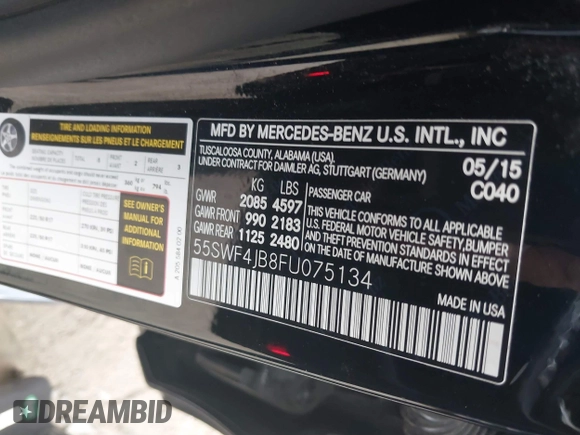 2015 Mercedes-Benz C 300 with VIN 55SWF4JB8FU075134, listed as a IAAI auction lot 39556919 with 102,311 mi miles and . Bid and sale history available at DreamBid. Image 9.