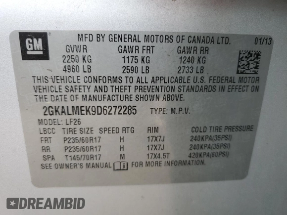 2013 GMC Terrain SLE with VIN 2GKALMEK9D6272285, listed as a Copart auction lot 51327545 with 89,220 mi miles and Salvage Title. Bid and sale history available at DreamBid. Image 13.