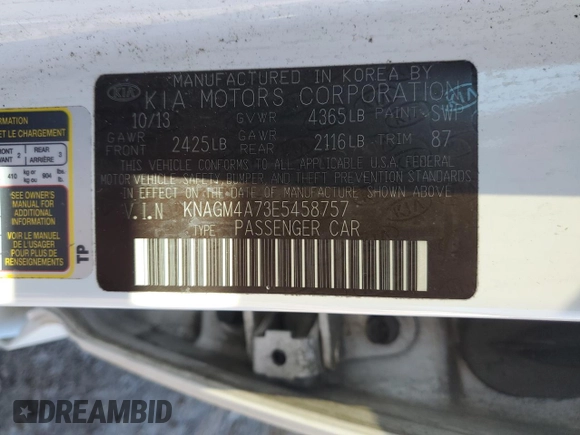 2014 Kia Optima LX z VIN KNAGM4A73E5458757, wystawiony jako Copart lot #53807505 z przebiegiem 144 782 mil mil oraz Szkoda całkowita • Salvage title. Historia ofert i sprzedaży dostępna na DreamBid. Obrazek 12.