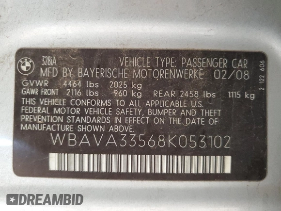 2008 BMW 3 Series 328i z VIN WBAVA33568K053102, wystawiony jako Copart lot #59303305 z przebiegiem 135 179 mil mil oraz Szkoda całkowita • Salvage title. Historia ofert i sprzedaży dostępna na DreamBid. Obrazek 12.