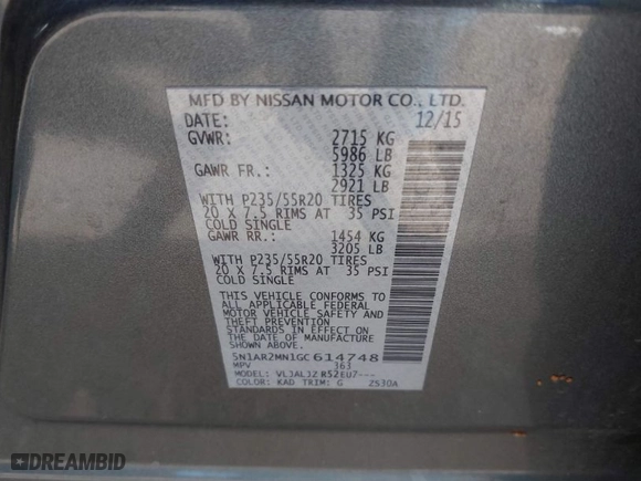 2016 Nissan Pathfinder S with VIN 5N1AR2MN1GC614748, listed as a IAAI auction lot 41903438 with 93,710 mi miles. Bid and sale history available at carsss.com. Image 9.
